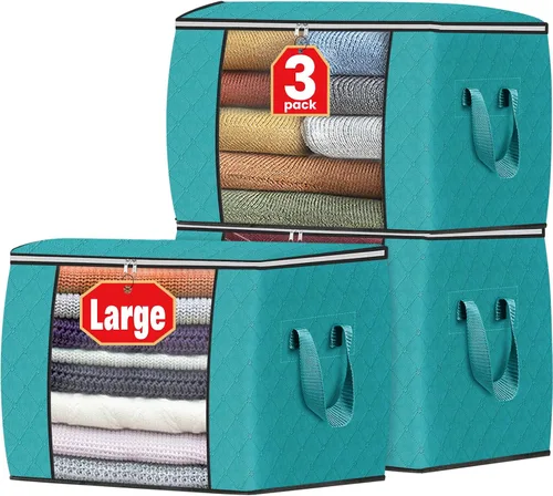 Vista 51 de Fab totes Paquete de 3 bolsas de almacenamiento plegables de tela gruesa, contenedores para organizar dormitorio, armario, ropa, edredón, Beige