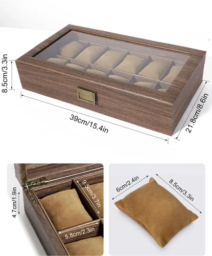 Vista 6 de Uten Caja de reloj con 12 ranuras, organizador de caja de reloj con tapa de vidrio real, caja de almacenamiento de cuero sintético de grano