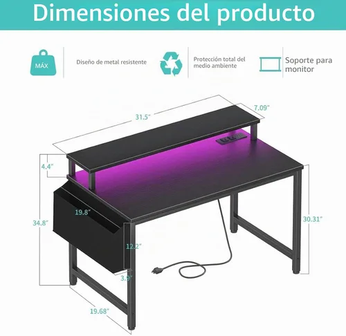Vista 3 de Lufeiya Escritorio pequeño con tomas de corriente y luces LED, mesa de estudio de escritura para adolescentes de 32 pulgadas, escritorio para Negro