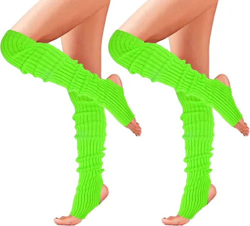 Vista 9 de Calentadores de piernas largos de punto para mujer, sobre la rodilla, de neón, acanalados, para fiestas de los años 80, deportes de baile