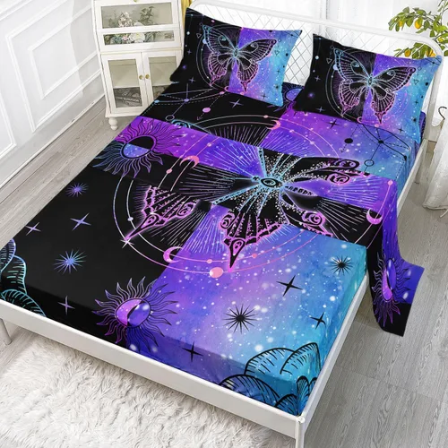 Vista 11 de Juego de sábanas de 4 piezas ajustadas y planas para niñas, estampado de mariposas y flores rosas con 1 + 2 fundas de almohada para cama individual