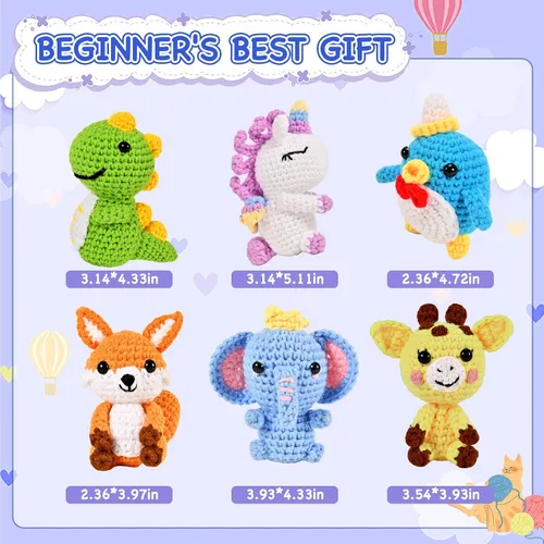 Vista 2 de Wunila Kit de ganchillo de 6 piezas para principiantes, manualidades para adultos, grandes regalos para amantes del ganchillo, kits de animales
