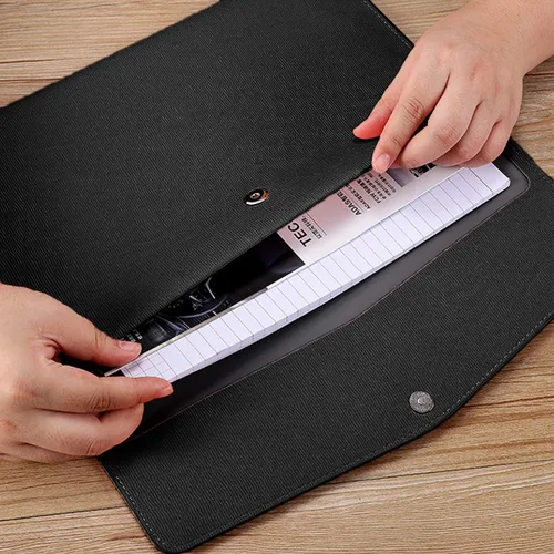 Vista 3 de Carpeta de Archivos de Cuero PU A4 Portadocumentos Impermeable Portafolio Sobre Carpeta con Cierre de Presión Negro