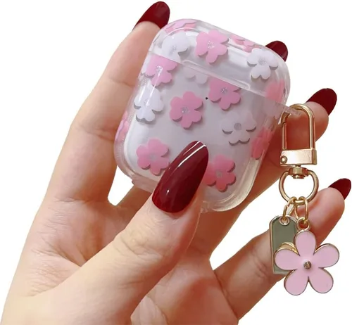 Vista 15 de Funda protectora para AirPods Pro de 1ª generación con llavero, bonita funda protectora para auriculares con flores negras y flores, TPU suave