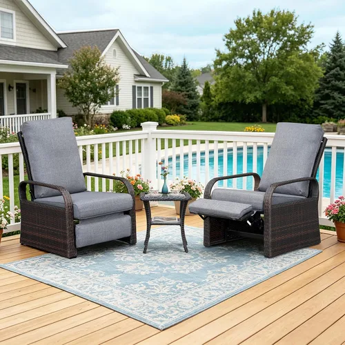 Vista 16 de Silla reclinable de aire libre para patio, resina de mimbre con cojines amortiguadores, auto ajustable, sofá de ratán, UV/Fade/Resistente al Mimbre