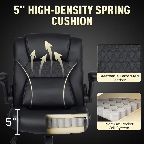 Vista 4 de Silla de Oficina para el Hogar con Soporte Lumbar, Asiento Engrosado de 5", Pequeña Silla de Escritorio Mecedora de Cuero PU, Cómodas Sillas