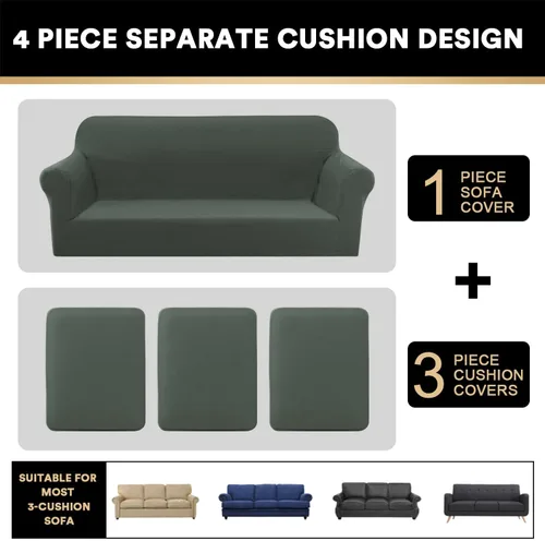 Vista 3 de Funda elástica y suave de 4 piezas para sofá, lavable, 3 fundas para cojines separados, protector elástico para niños y mascotas, funda verde loden