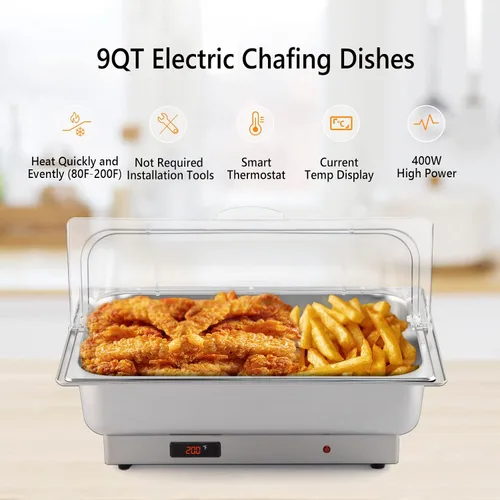 Vista 3 de ROVSUN Juego de bufé eléctrico de acero inoxidable de 9 cuartos de galón, NSF con tapa enrollable para catering, calentador de alimentos