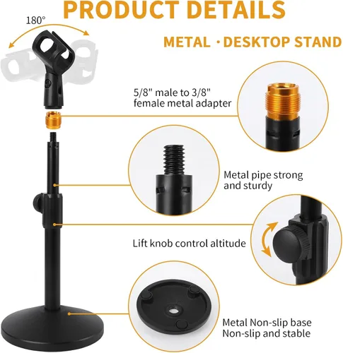 Vista 3 de 2 juegos de soporte ajustable para micrófono de escritorio, soporte de micrófono de mesa con tornillo macho de 5/8 pulgadas a 3/8 pulgadas hembra