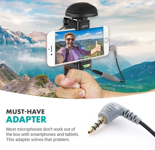 Vista 2 de Movo MC3 Adaptador TRS a TRRS de 0.138 in - Adaptador de micrófono para teléfonos inteligentes y tabletas iPhone y Android