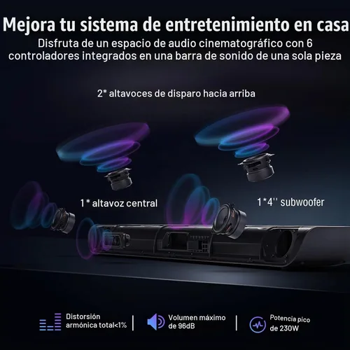 Vista 2 de OXS Barra de sonido S5 para TV con HDMI eARC, subwoofer incorporado Dolby Atmos 3.1.2, altavoz central, conexión Bluetooth y multicable, 5
