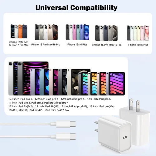 Vista 6 de Cargador para iPhone 17 16 15 de carga rápida, paquete de 2 bloques de cargador de pared tipo C con cable USB C a C de carga rápida de 1 metro