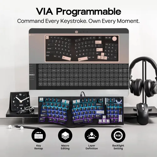 Vista 5 de MechLands Feker Alice98 Teclado mecánico ergonómico personalizado de 98 teclas, VIA programable, teclado para juegos con cable USB-C, intercambiable