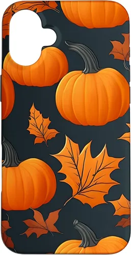 Vista 22 de iPhone 16 Pumpkins Black And Orange Plaid Fall Leaves Autumn Halloween Case
