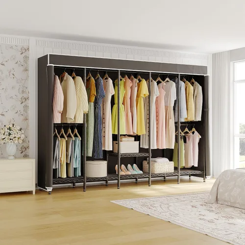 Vista 2 de Higeego Perchero de Ropa Resistente de 94.5" de Ancho con Cubierta, Perchero de Ropa H5C con Estantes Ajustables Armario Closet Independiente