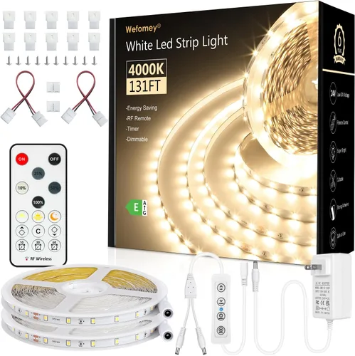 Vista 9 de Wefomey Tira de luces LED blancas, tira de luces LED regulables de 24 V de 131 pies, 6500 K, luz blanca brillante, cinta de luces flexibles