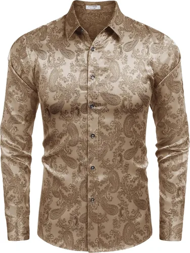 Vista 2 de COOFANDY Camisa de vestir con estampado floral para hombre, camisas de manga larga con botones de cachemira para boda, fiesta, baile de graduación