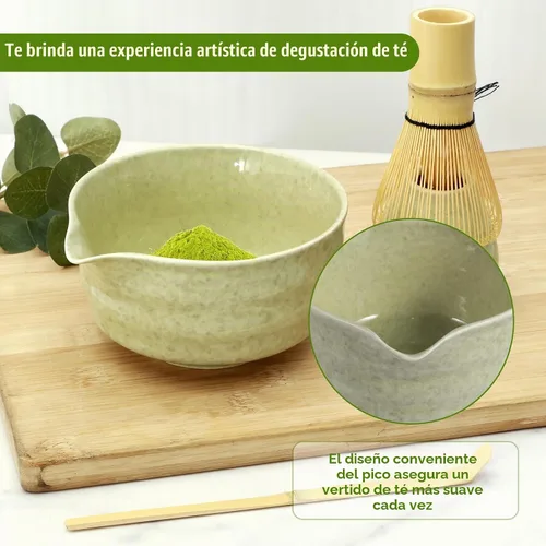 Vista 6 de Kit de fabricación de matcha de 4 piezas, cuenco de cerámica, batidor y cuchara de bambú, tamiz de matcha y soporte