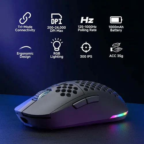 Vista 2 de DIERYA M1 - Mouse inalámbrico para juegos, 24000 DPI, batería de 180 horas, 16.8 M RGB, 6 botones programables, ligero, trimodo (2.4GBT5.2USB-C)