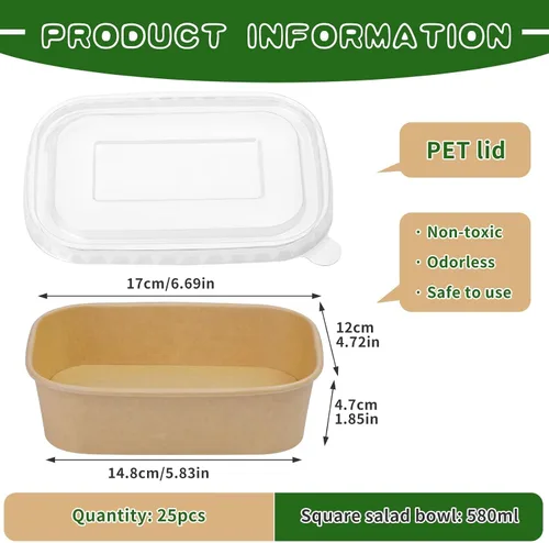 Vista 2 de Paquete de 25 cuencos de papel de 19 onzas, recipientes desechables con tapas, cuencos rectangulares desechables con tapas, cuencos de ensalada