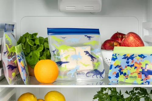 Vista 2 de Ello 4 Pack Reusable Food Storage Bags, Resealable BPA-Free, Food-Safe PEVA, Feezer Safe and Leak-Proof Dino/Camo