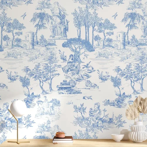 Vista 2 de WENMER Papel Tapiz Toile, 17.7" X 118" Azul y Blanco Despegar y Pegar Papel de Pared, Papel Tapiz Toile de Jouy, Papel de Contacto Vintage Francés