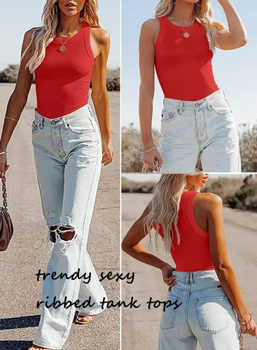 Vista 4 de Samefar Camiseta sin mangas de punto delgado para mujer, con espalda cruzada, casual, básica, acanalada