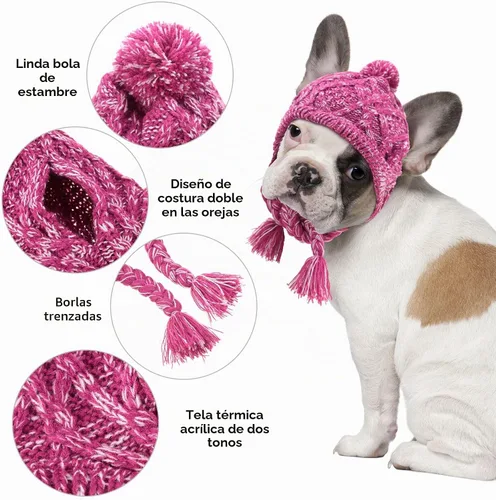 Vista 2 de Weewooday Gorro de invierno para perro, 2 piezas, cálido, con pompón, gorro de punto para perro con agujeros para las orejas, gorro de punto