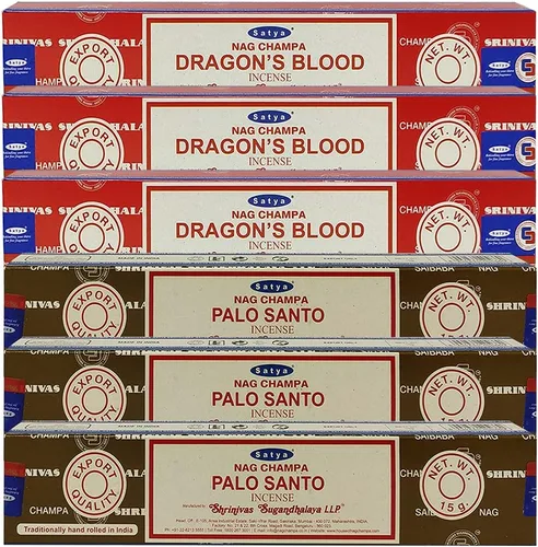 Vista 2 de Varillas de incienso de Sangre de Dragón y Palo Santo con soporte, paquete de variedad de la marca House of Nag Champa y Trumiri