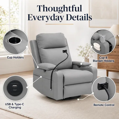 Vista 6 de Power Glider Recliner, Swivel Rocking, USB, Adjustable Arms (Gray)