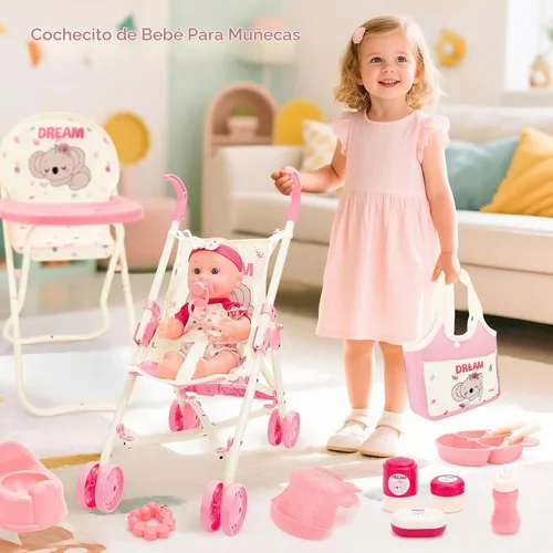 Vista 5 de deAO Juguetes de Cochecito de Muñeca Bebé con Muñeca Bebé de 12" Accesorios Cama de Cuna Silla Alta Conjunto de Juego de Roles de Guardería Tapete