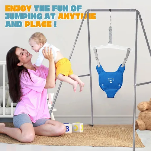 Vista 6 de Saltarón para bebé con soporte, Saltarónes y balancines para bebés, Ejercicio para bebé adecuado para 6-24 meses, fácil de ensamblar y guardar Azul
