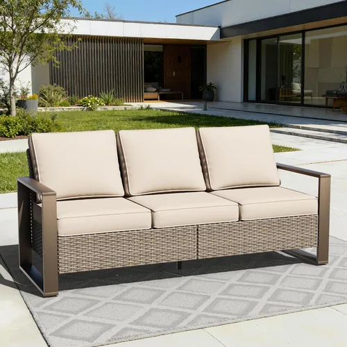 Vista 9 de Sofá de Mimbre Metálico para Patio de 75", Sofá Sillón de Ratán para Exteriores de 3 Asientos para Todo Tipo de Clima con Cojines Premium