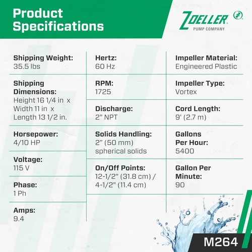 Vista 3 de Zoeller Bomba de aguas residuales M264 Waste-Mate, 4/10 caballos de fuerza, 115V