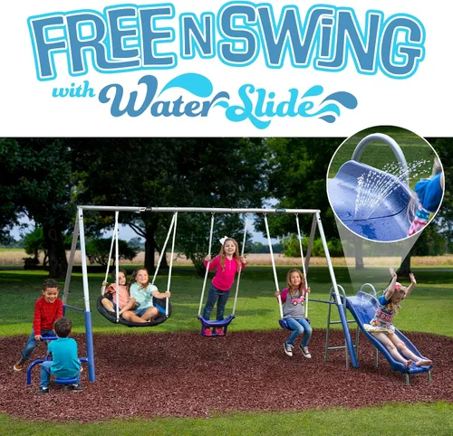 Vista 2 de Free N' Swing Plus con tobogán acuático de 5 pies y lona deslizante de 6 pies - 7 usuarios/5 estaciones, fácil montaje, marco de metal galvanizado