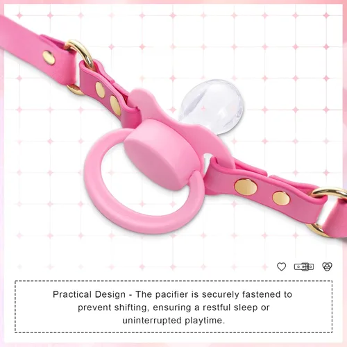 Vista 3 de Littleforbig Juego de chupete y mordaza de cuero con correa ajustable, accesorios para chupete rosa