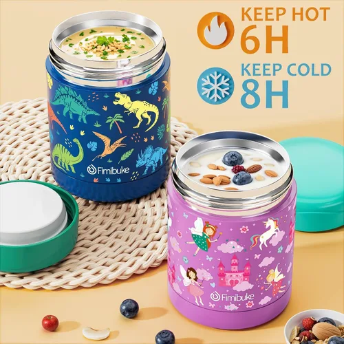 Vista 4 de Fimibuke Lonchera Bento para niños con tarro para alimentos, contenedor de almuerzo para snacks de 32OZ con 3 compartimentos, bolsa de almuerzo