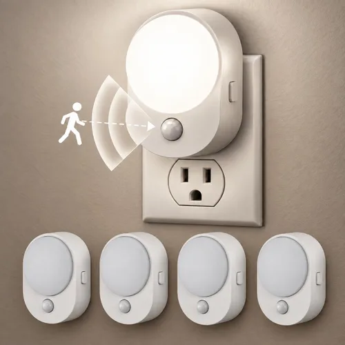 Vista 9 de L LOHAS LED Luz nocturna con sensor de movimiento, paquete de 2 luces nocturnas enchufables a la pared, sensor de movimiento y sensor de atardecer a