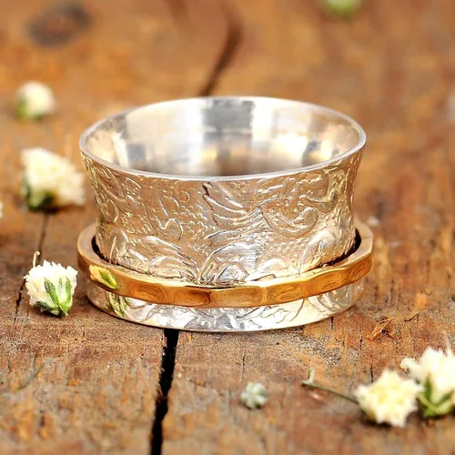 Vista 6 de Boho-Magic Anillo giratorio de plata de ley 925 para mujer con anillo de latón, con flores, Metal