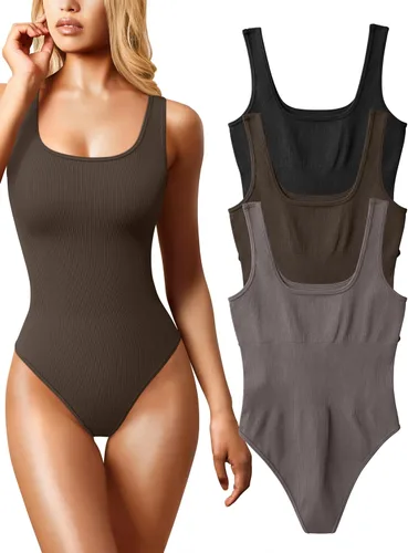 Vista 16 de OQQ Body de 3 piezas para mujer, sexy, acanalado, sin mangas, cuello cuadrado, camiseta sin mangas, leotardo, trajes de moda 2025 negro azul blanco