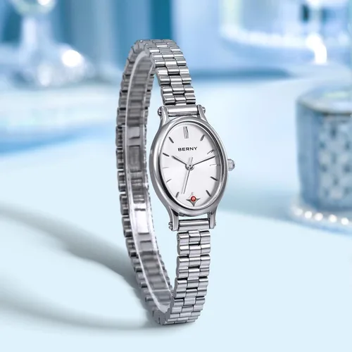 Vista 5 de BERNY Relojes de plata para mujer, delicado reloj de pulsera para mujer, reloj de pulsera pequeño impermeable 3ATM, reloj de cuarzo analógico