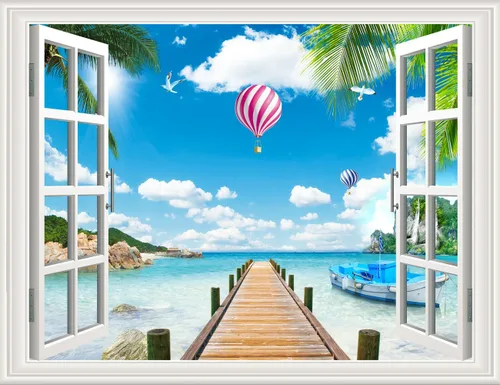 Vista 24 de Pintura autoadhesiva 3D, calcomanías de pared falsas para ventana, isla tropical con palmeras, mural de pared, vista de ventana, decoración de pared