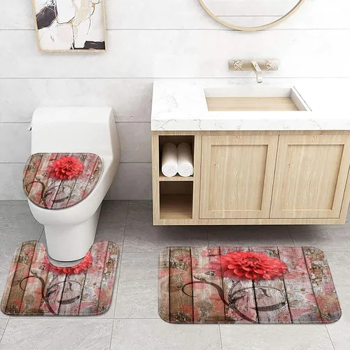 Vista 15 de JAWO Alfombra de baño con flores de granja, dalia en tablones de madera rústica, juego de tapetes de baño con flores azules, en forma de U