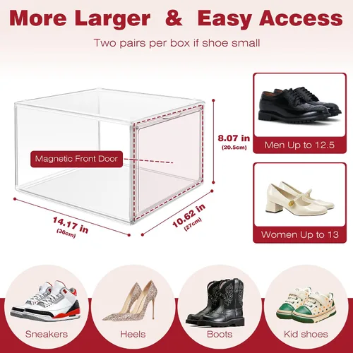 Vista 2 de 1 Pack Clear Shoe Storage Boxes Stackable, Large Sneaker Organizer with Acrylic Magnetic Door, Plastic Drop Front Shoe Containers for Men up to