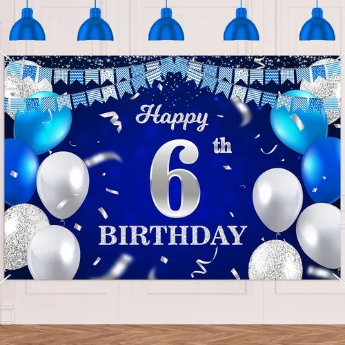 Vista 48 de Bandera de feliz primer cumpleaños con fondo azul marino, globos, confeti, bandera de rayas, luces de puntos, felicitaciones por el tema de 1 año