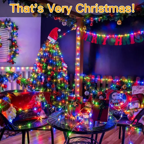 Vista 8 de Ollny Luces de Navidad para exteriores, 600 LED de 197 pies, luces multicolor para árbol de Navidad IP67, luces de hadas enchufables con control