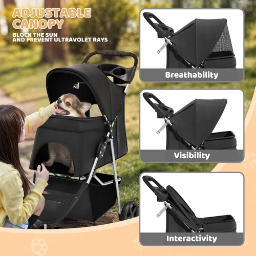 Vista 5 de Magshion Cochecito para mascotas de 3 ruedas, cochecito de viaje plegable para perros y gatos pequeños y medianos (hasta 33 libras), transportador