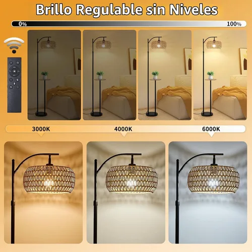 Vista 2 de Lámpara de pie bohemia con estante de madera, bombilla inteligente regulable de 9 W incluida, lámpara de pie con control remoto con mesa, lámpara