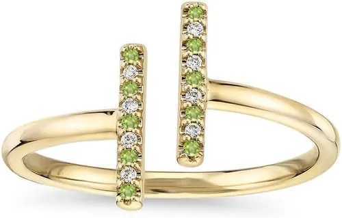 Vista 3 de Alternate Green Peridot & White Diamond Open T Bar Ring For Women, 14k Gold Finish Green Peridot Anniversary Open Bar Ring, Stackable Double Bar Ring