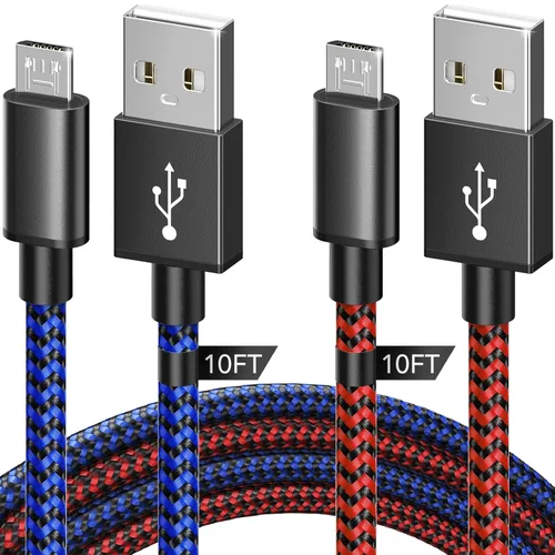 Vista 2 de Cable de carga para controlador PS4 de 10 pies, paquete de 2 cables de nailon trenzado extra largo micro USB 2.0 de alta velocidad compatible
